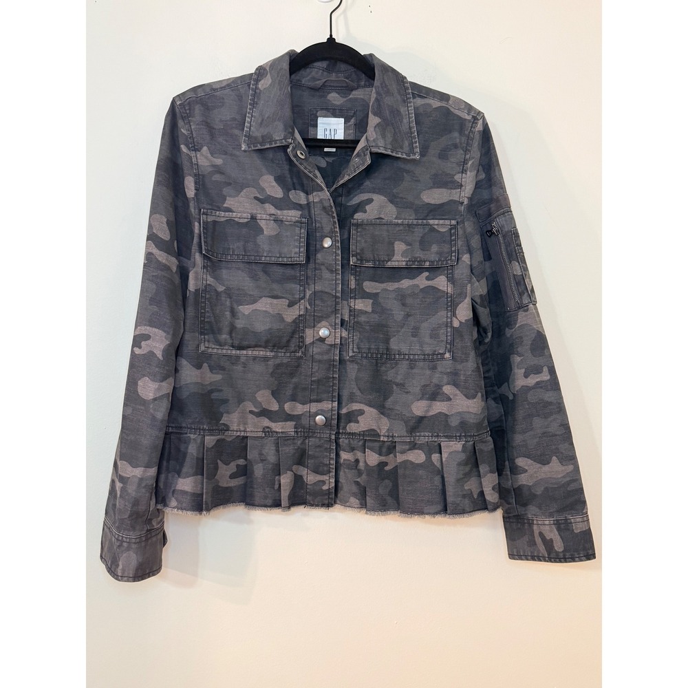 GAP Womens Camo Utility Jacket Grey Pleated Peplum Hem